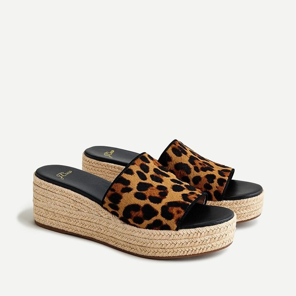 J Crew Wedge heel slide sandals in leopard calf hair